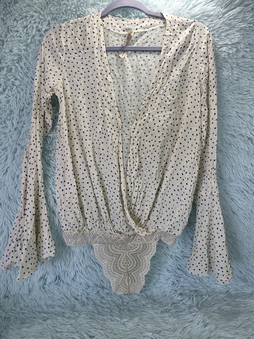 Free People‎ Intimately Makin Waves Polka Dot Bell Sleeve Bodysuit Cream SP